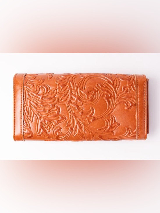 Meitrue Accessories - MEITRUE Tan Brown Leather Embossed Floral Trifold Wallet RFID Blocking Clutch